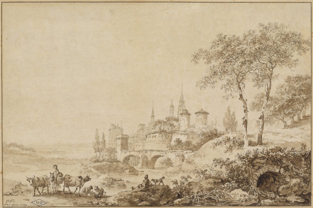 Herdar i ett landskap före en befäst stad av Jean Baptiste Le Prince