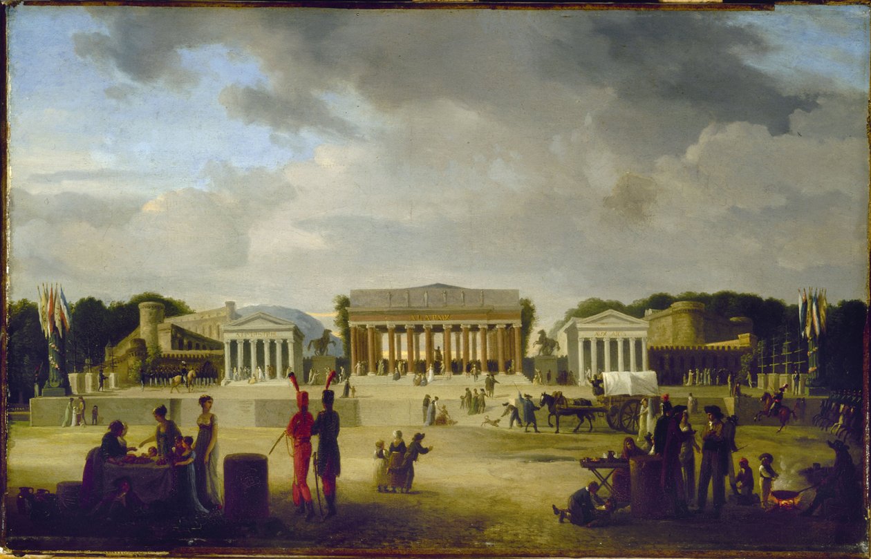 Vue du grand théâtre élevé sur la place de la Concorde pour la fête de la Paix, le 18 brumaire, an X (9 novembre 1801), år 1801 (olja på trä) av Jean Baptiste Louis Cazin