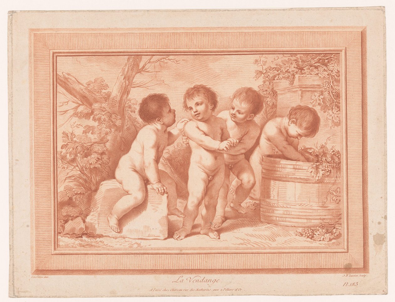 Fyra putti vid en vinfat La Vendange (titel på objekt) av Jean Baptiste Lucien