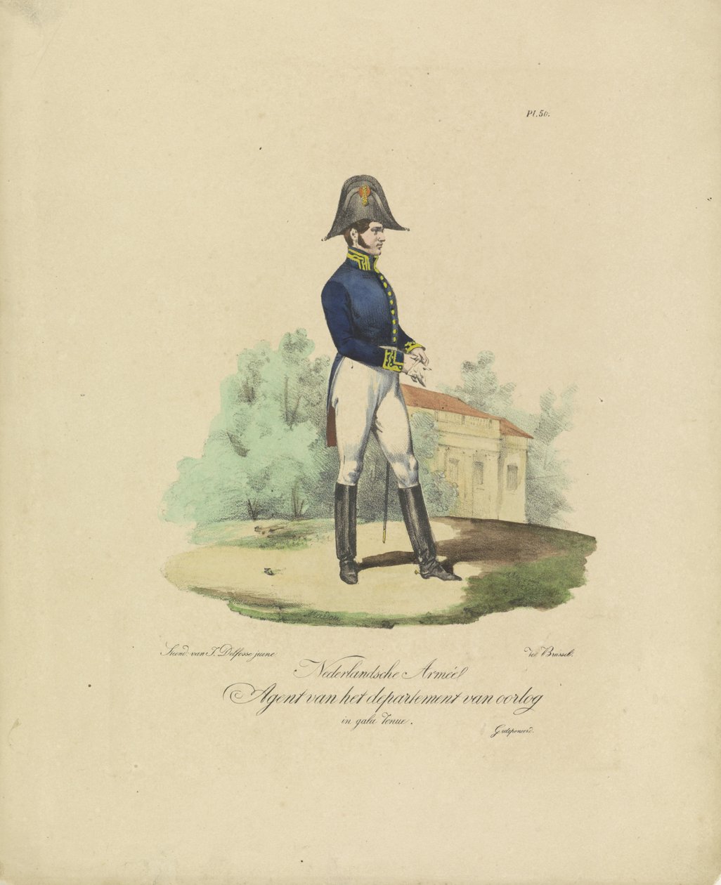 Agent för krigsavdelningen, 1820-1825 Nederlandsche Armée Agent of the War Department i galauniform (titel på objekt) Militära dräkter av kungariket Nederländerna. Tillägnad Hans Excellence Willem van Bylandt (serietitel av Jean Baptiste Madou