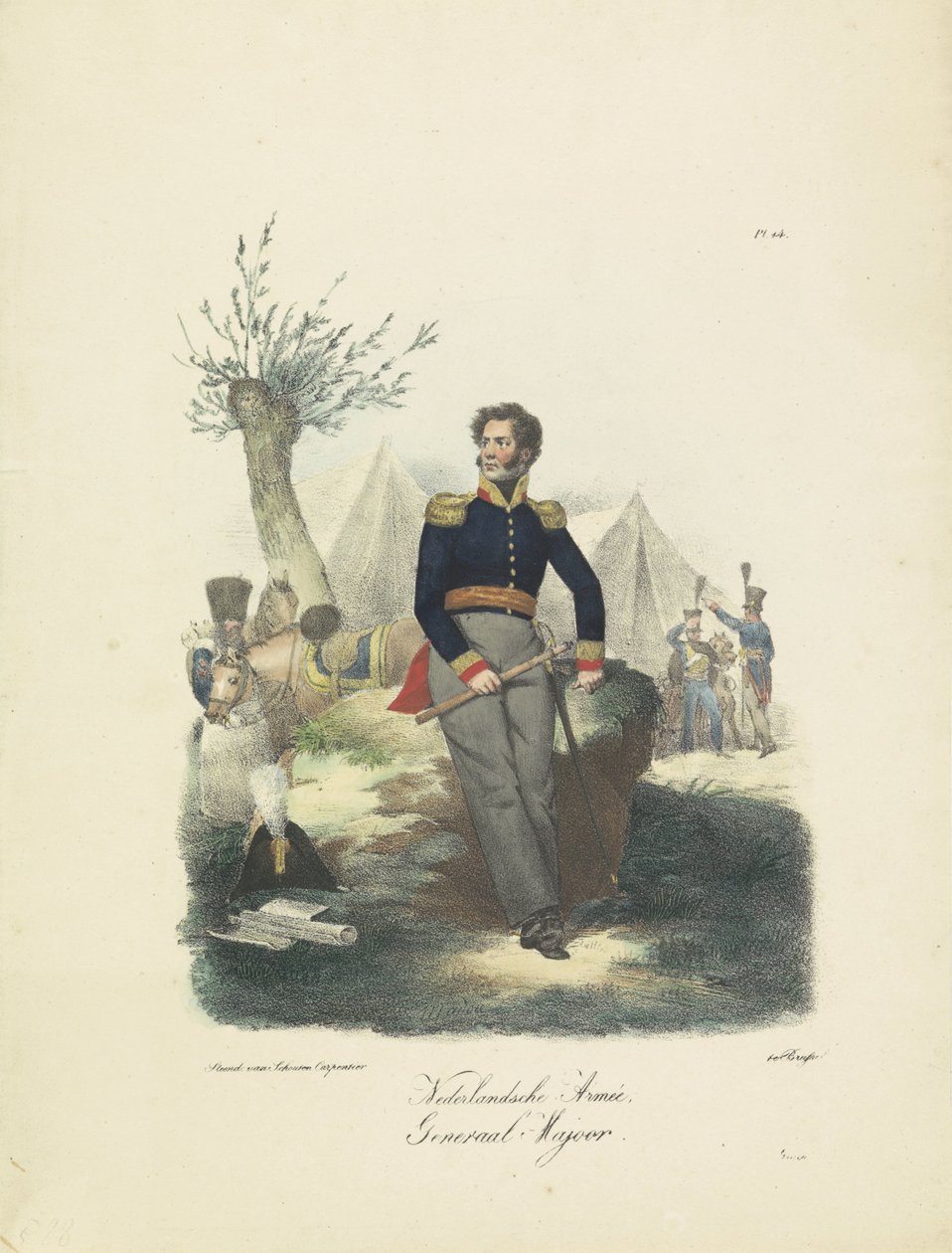 Generalmajor, 1820-1825 Nederländska armén, generalmajor (titel på objekt) Militära dräkter av kungariket Nederländerna. Tillägnad Hans Excellence Willem van Bylandt (serietitel på objekt) av Jean Baptiste Madou