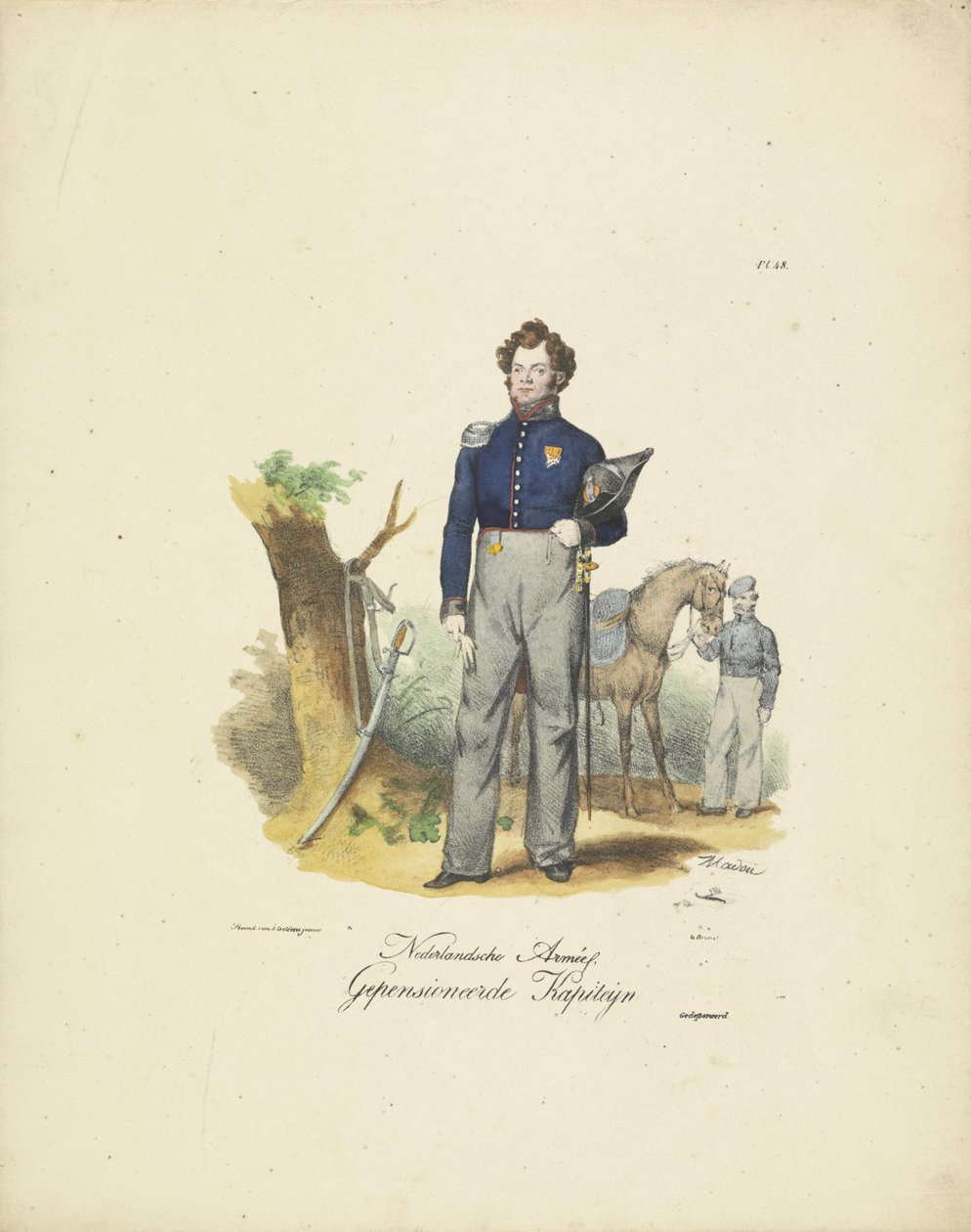 Pensionerad kapten, 1820-1825 Nederlandsche Armée, Pensionerad Kapiteyn (titel på objekt) Militära dräkter av kungariket Nederländerna. Tillägnad Hans Excellence Willem van Bylandt (serietitel på objekt) av Jean Baptiste Madou