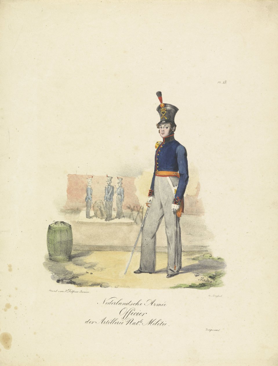 Artilleriofficer, 1820-1825 Holländska Armée Officier der Artillerie Nat.le Militie (titel på objekt) Militära dräkter av kungariket Nederländerna. Tillägnad Hans Excellence Willem van Bylandt (serietitel på objekt) av Jean Baptiste Madou