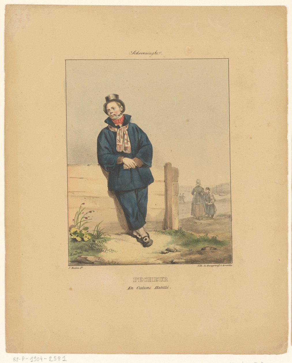 Rörrökande fiskare i Scheveningen Scheveninghe (titel på objekt) Pecheur en costume habillé (titel på objekt) Kostymer för invånarna i Nederländerna och Belgien (serietitel) Costumes du peuple de toutes les provinces des Pays-Bas (serietitel) Kostym av Jean Baptiste Madou