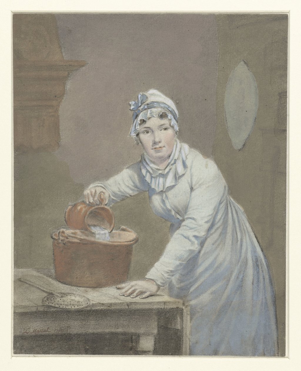 Maid häller mjölk i en kastrull av Jean Baptiste Mallet (possibly)