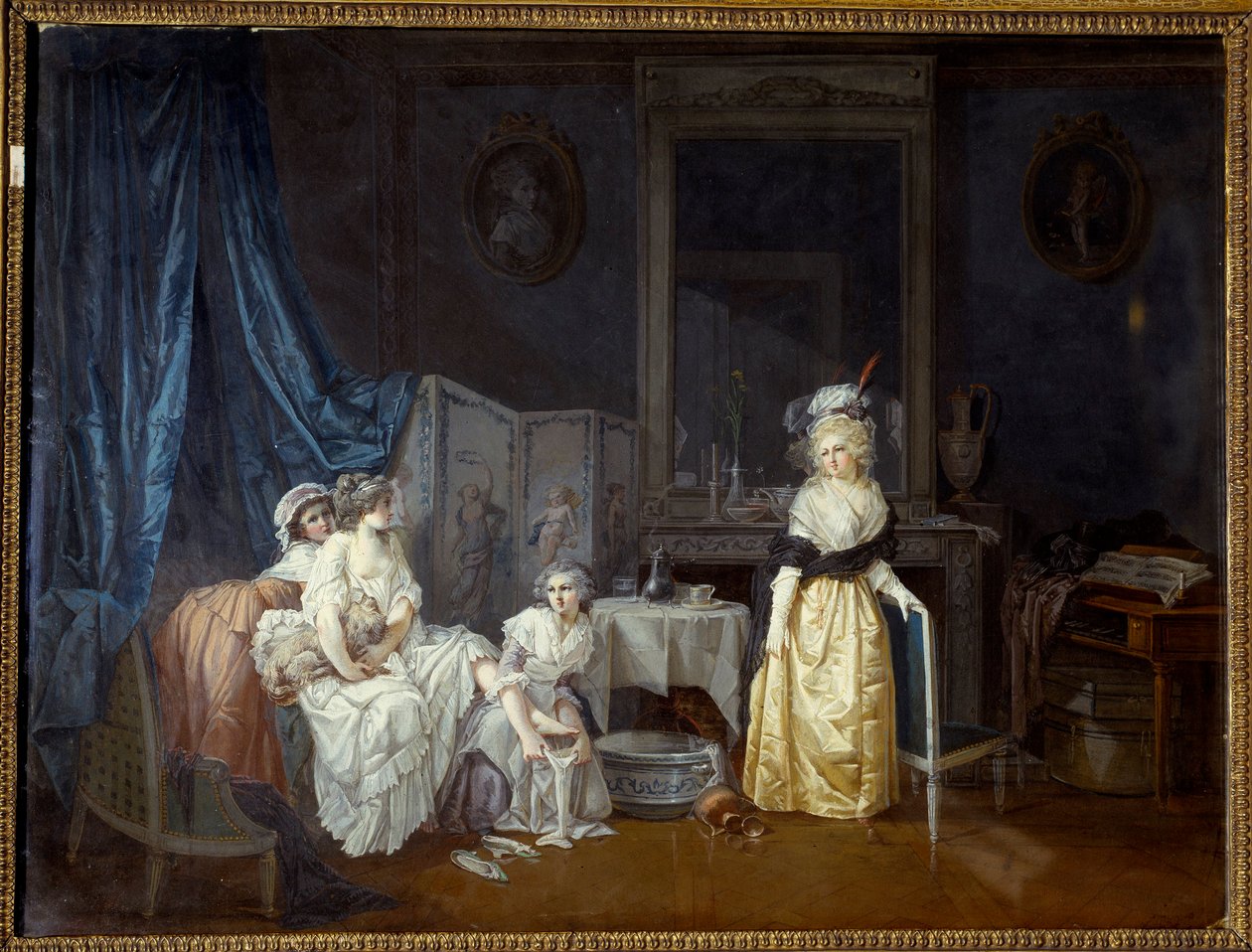 Toaletten En ung kvinna med hjälp av sina jungfrur är på väg att ta ett bad. Målning av Jean Baptiste Mallet av Jean Baptiste Mallet