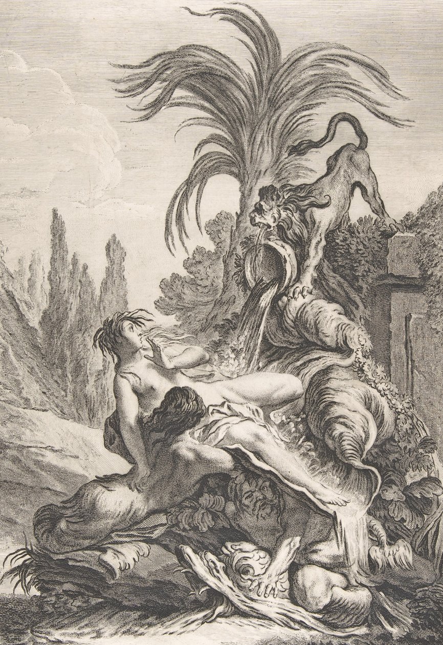 The Frightened Naiad En rufsig Naiad backar av skräck vid åsynen av ett lejon, ca. 1740., av Jean Baptiste Marie Pierre