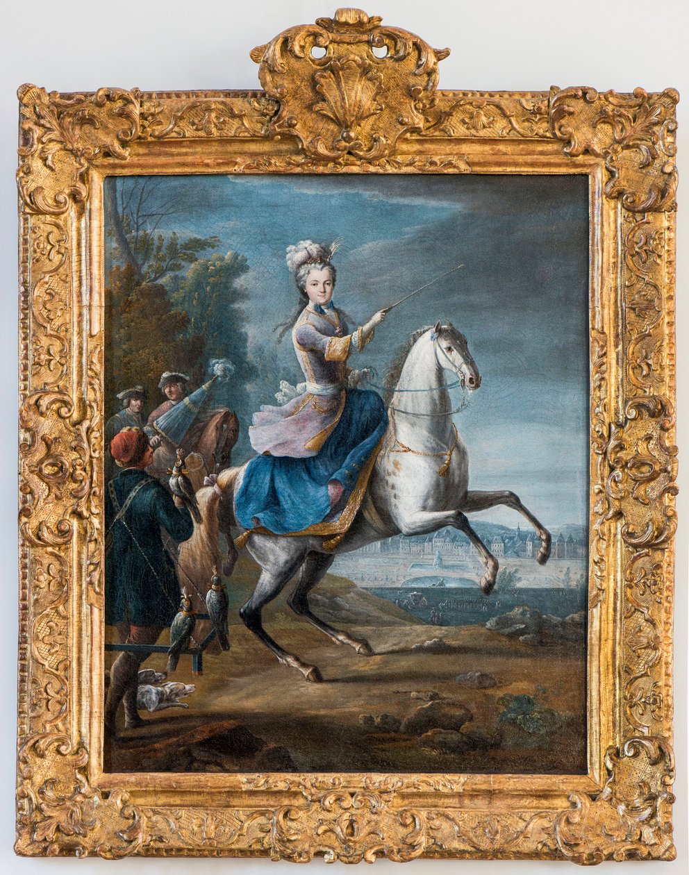 Ridsporträtt av Marie Leszczynska, Ludvig XV:s hustru av Martin Jean Baptiste (Martin Des Battailles) (1659 - 1735). (Foucon jagar först av slottet Fontainebleau) - Musee de Sceaux. (leczinska, Leczynska, Lesczinska, Lesczynska, Leszczinska, L av Jean Baptiste Martin
