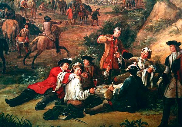 Grupp av soldater som dricker, detalj av utsikten över prinsen av Contis högkvarter mellan San Sebastian och Hondarribia, juni 1719 (detalj av 429011) av Jean Baptiste Martin