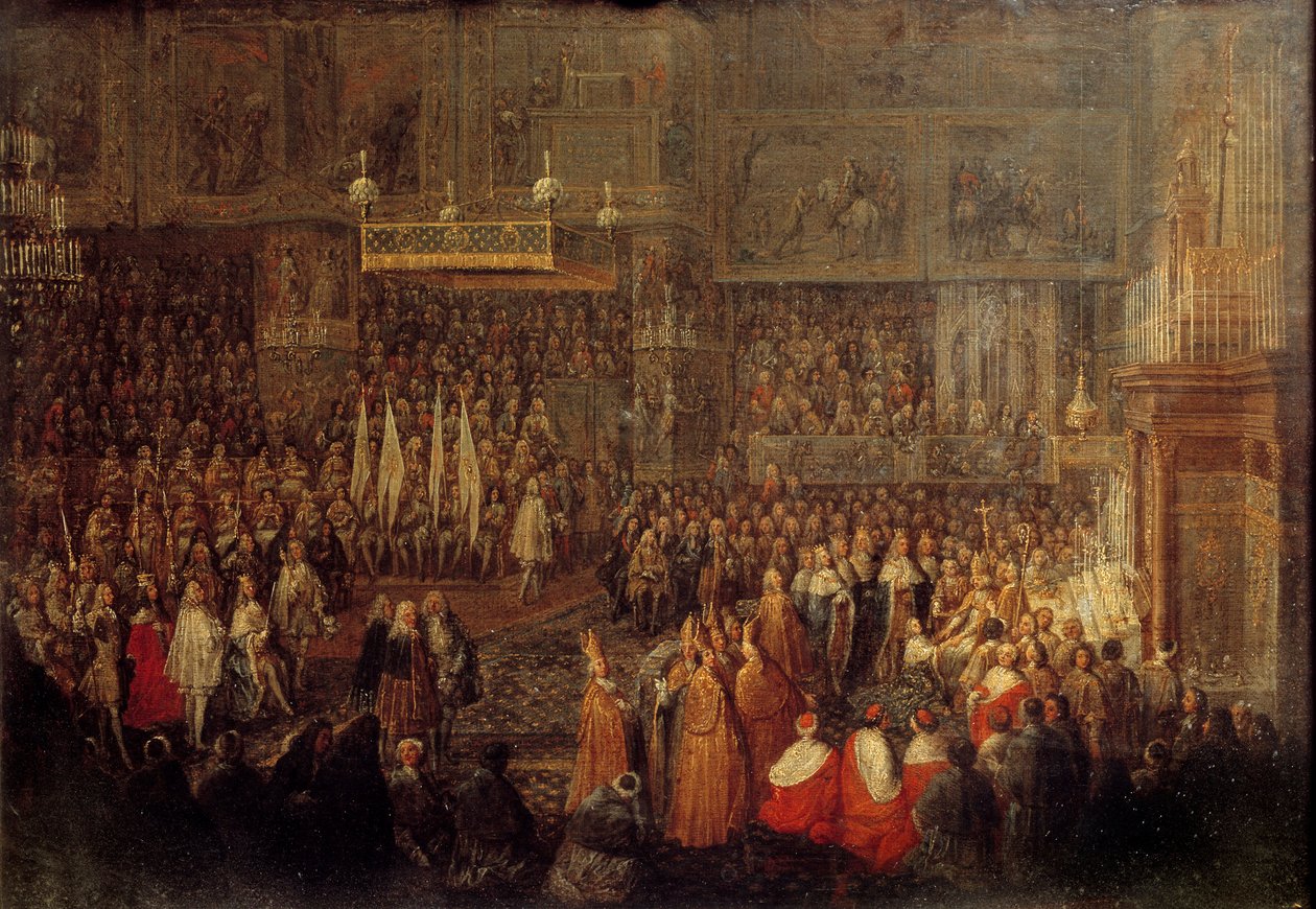 Ludvig XV:s sakra (1710-1774) i katedralen i Reims den 25/10/1722 Målning av Jean Baptiste Martin (1659-1735) 1735 sön. 0,32x0,42 m av Jean Baptiste Martin