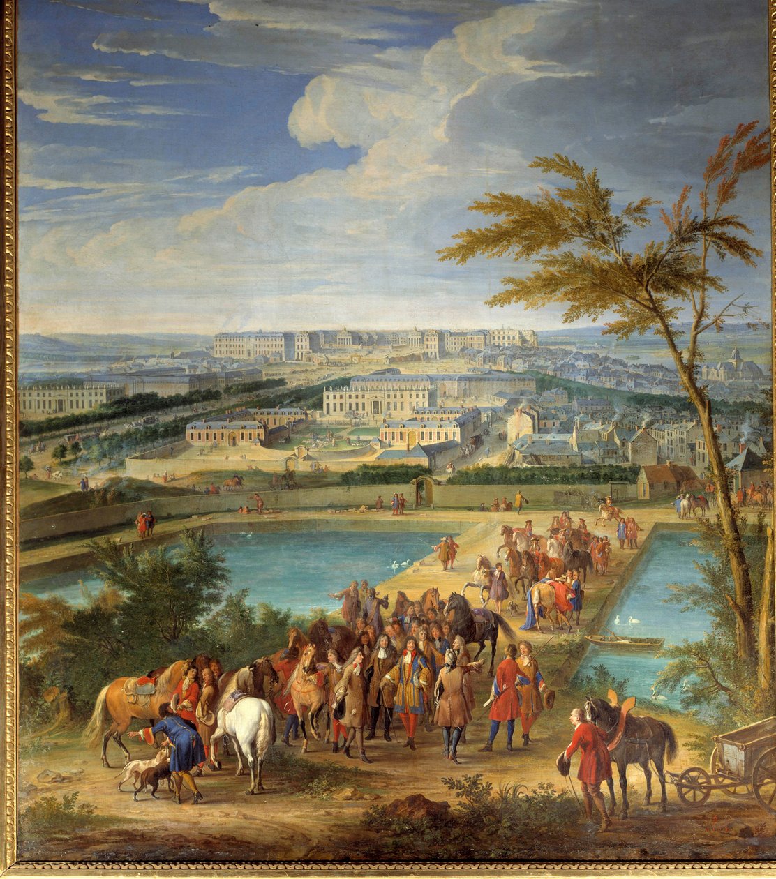 Utsikt över staden och slottet i Versailles från berget montbauron, Ludvig XIV (1638-1715) och Francois Michel le Tellier, Marquis de Louvois besöker de nya reservoarerna Målning av Jean-Baptiste Martin (den äldre) (1659-1735) ) 1600-talet sön. 2, av Jean Baptiste Martin