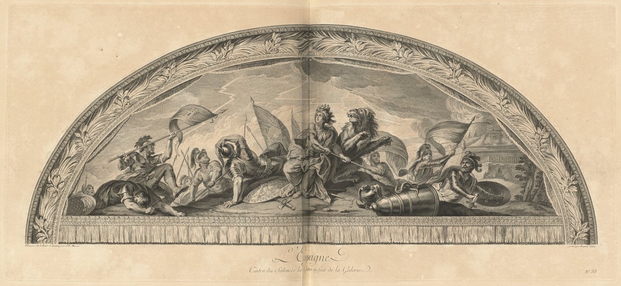Spanien Hangare av Salon de la Guerre framför Galleriet (Spanien, Center of the Salon of War Mittemot Galleriet) [pl. 38] av Jean Baptiste Masse