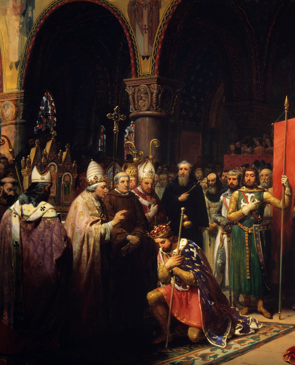 Kung Ludvig VII (1120-1180) tar oriflamen vid basilikan Saint Denis (Saint Denis) i närvaro av drottning Alienor av Aquitaine och tar emot humlan och pannetieren av pelerin från påven Eugene III:s händer (? -1153) före hans avgång av Jean Baptiste Mauzaisse