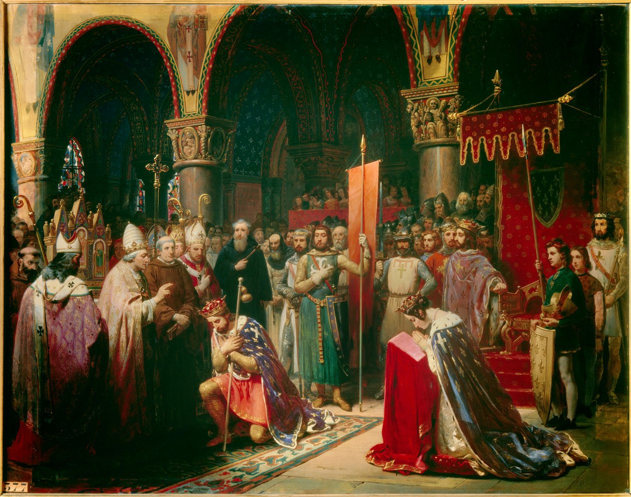 Kung Ludvig VII (1120-1180) tar oriflamen vid basilikan Saint Denis (Saint Denis) i närvaro av drottning Alienor av Aquitaine och tar emot humlan och pannetieren av pelerin från händerna på påven Eugene III (? -1153) före hans avgång av Jean Baptiste Mauzaisse