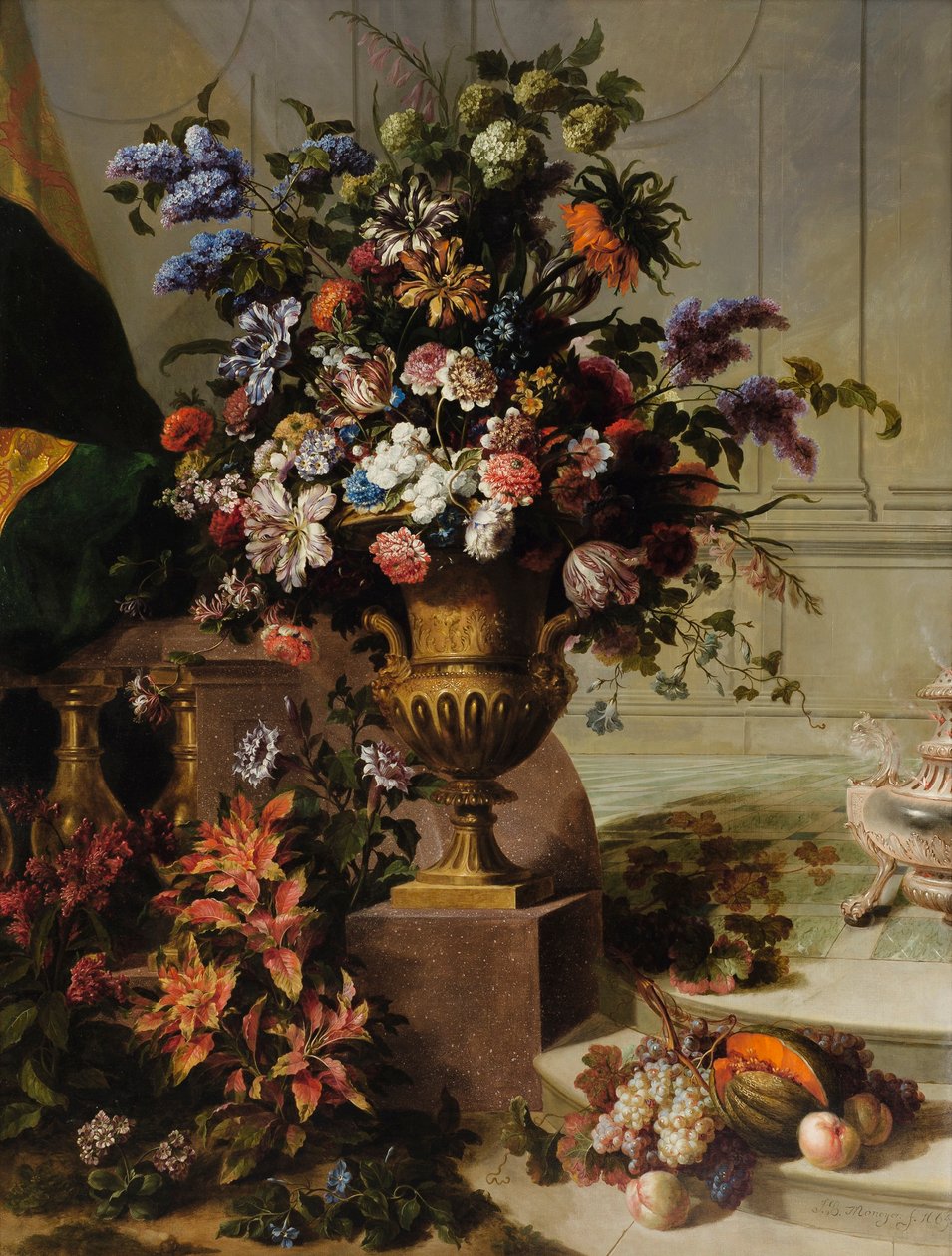 En bukett blommor i en urna av förgylld brons på en bas av porfyr I en arkitektonisk miljö av Jean Baptiste Monnoyer