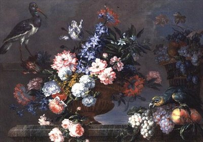 Ett stilleben av frukt och blommor med fåglar av Jean Baptiste Monnoyer