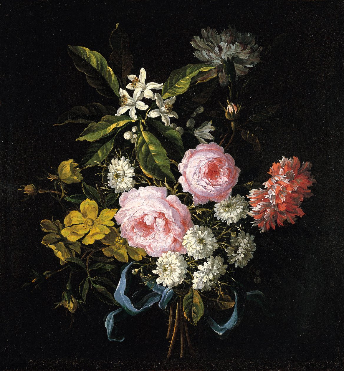 Bukett av kamomill, rosor, apelsinblommor och nejlikor bundna med ett blått band av Jean Baptiste Monnoyer
