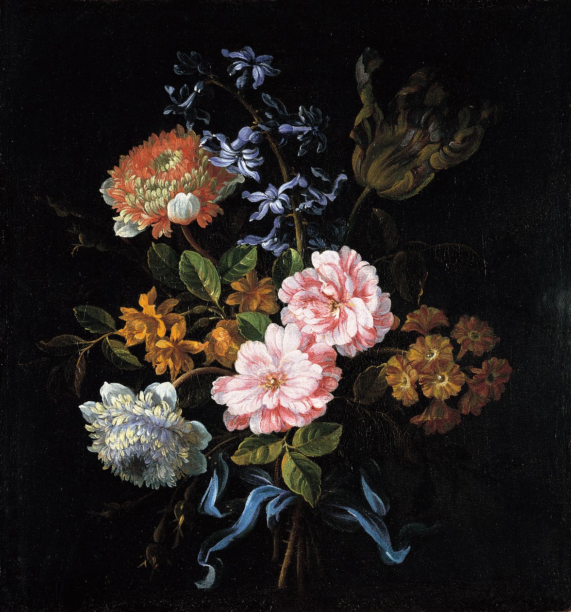 Bukett av vallmoanemoner, rosor, dubbel campernelle, en hyacint, en tulpan och aurikel bundna med ett b av Jean Baptiste Monnoyer