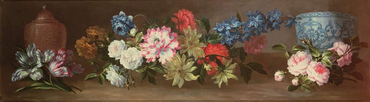 Stilleben av rosor och andra rosor på en avsats med två ingefäraburkar av Jean Baptiste Monnoyer