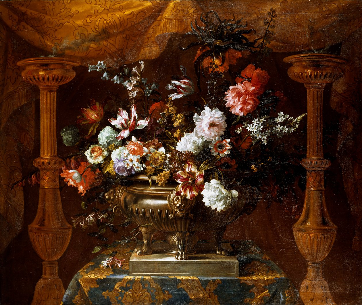 Stilleben med blommor i silvervas med parfymbrännare, ca 1690-99 (olja på duk) av Jean Baptiste Monnoyer