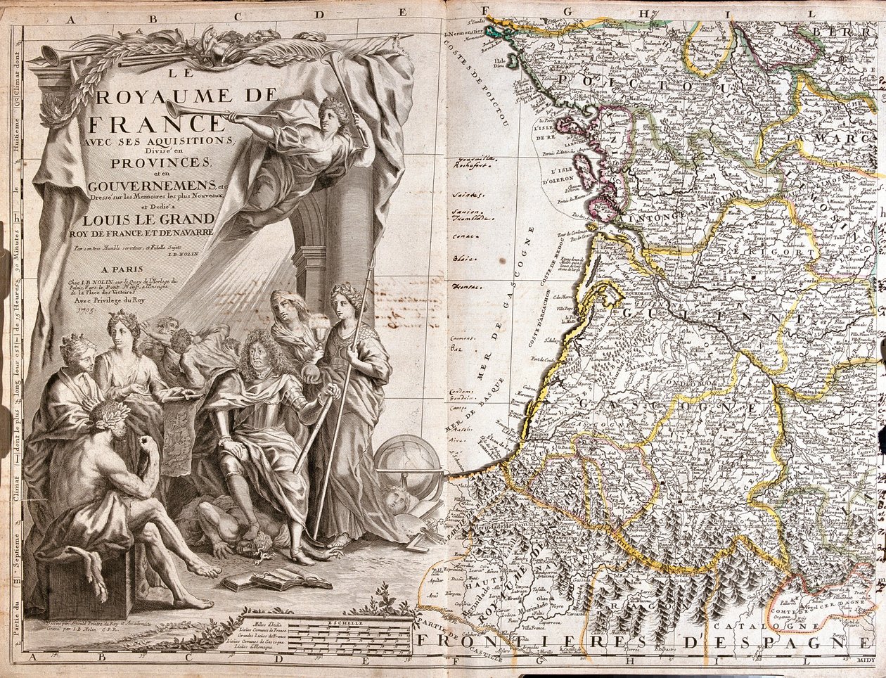 Karta över Guyenne och Gascogne, med ett porträtt av Ludvig XIV (1638-1715) omgiven av allegoriska karaktärer av Jean Baptiste Nolin