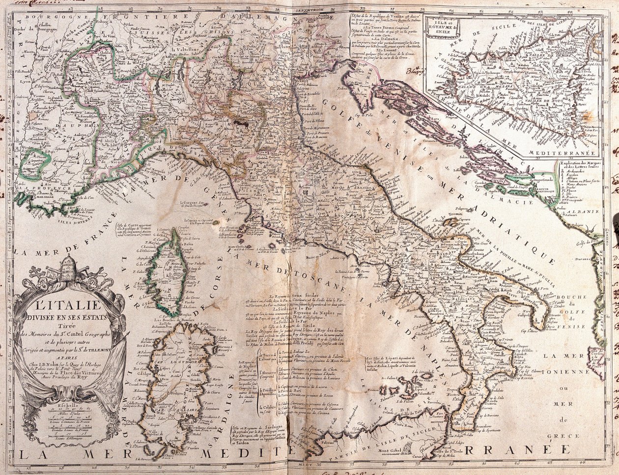 Karta över Italien, med Korsika, Sardinien och Sicilien (gravyr av Jean Baptiste Nolin