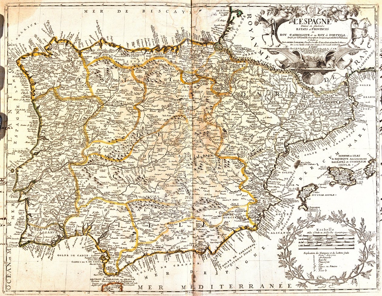 Karta över Spanien och Portugal (gravyr av Jean Baptiste Nolin