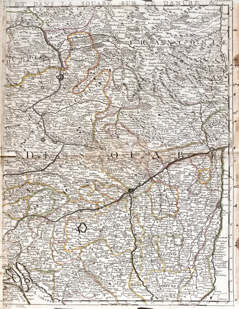 Karta över Schwaben (Tyskland) (gravyr av Jean Baptiste Nolin