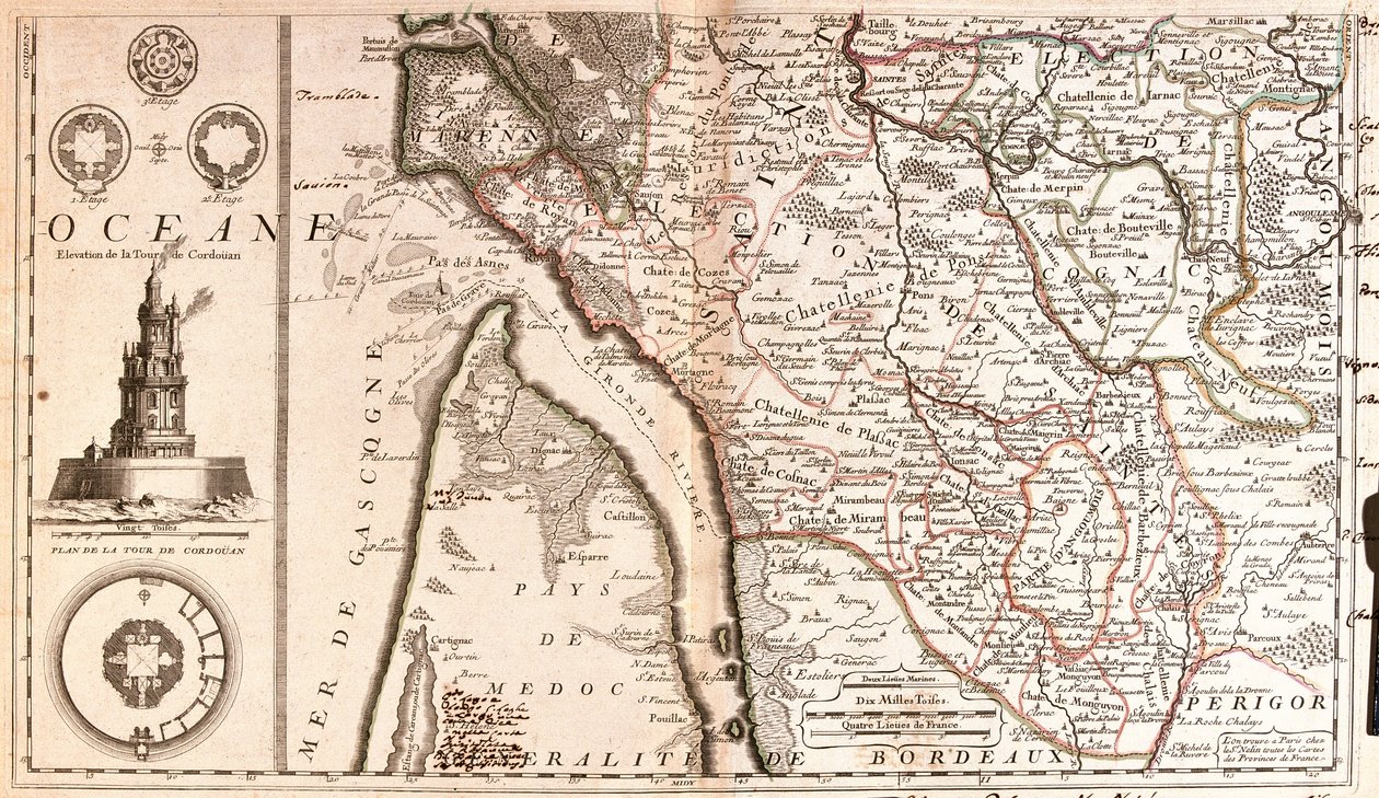 Karta över Aquitaine (Frankrike) (Gravering av Jean Baptiste Nolin