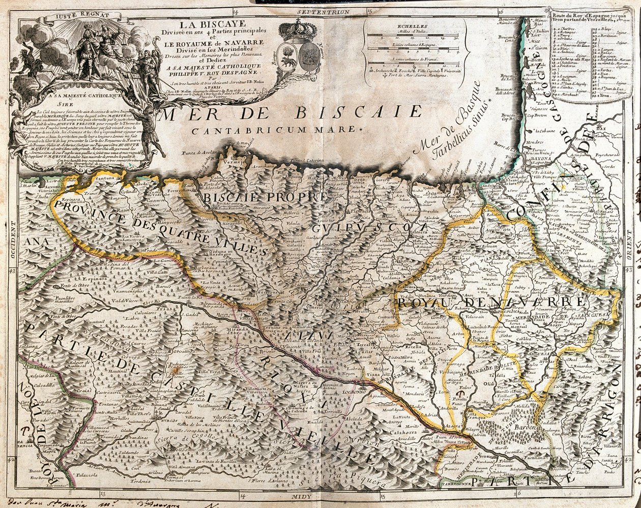Karta över Biscaya-provinsen (Spanien) och kungariket Navarra (Frankrike) (Gravering av Jean Baptiste Nolin
