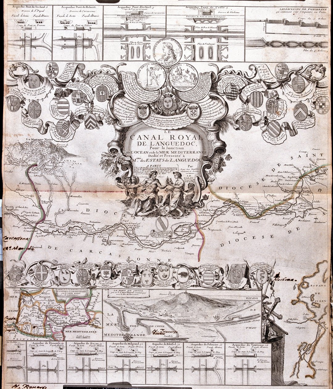 Karta över Canal du Midi, med dess akvedukter (gravyr av Jean Baptiste Nolin