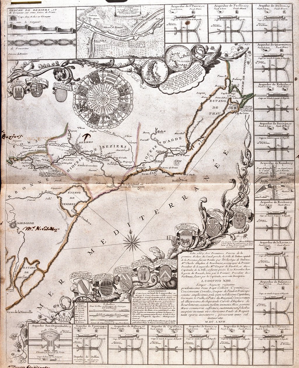 Karta över Canal du Midi, med dess akvedukter (gravyr av Jean Baptiste Nolin
