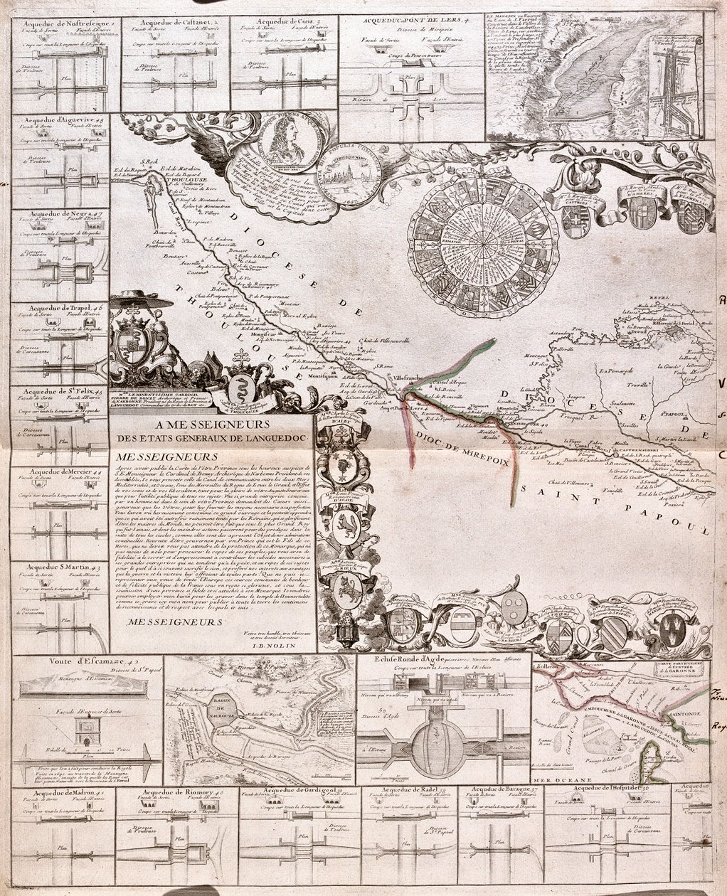 Karta över Canal du Midi, med dess akvedukter (gravyr av Jean Baptiste Nolin