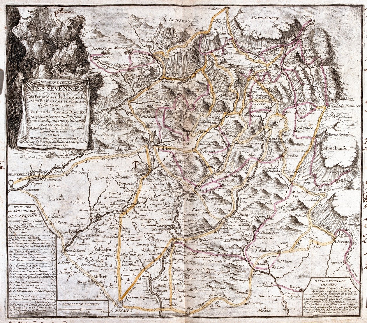 Karta över Cevennerna (Frankrike) (Gravering av Jean Baptiste Nolin