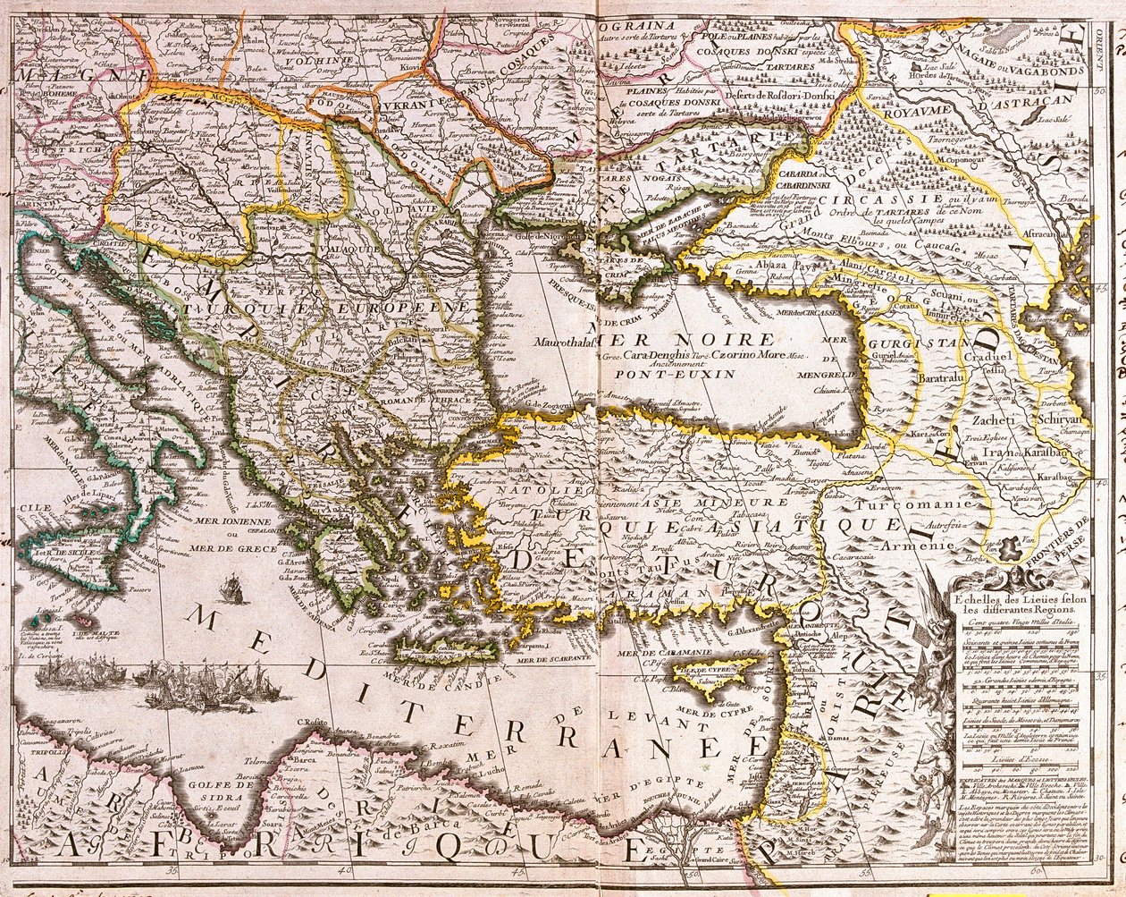 Karta över länderna i östra Medelhavet och Svarta havet, Turkiet och provinserna i Mindre Asien (etsning av Jean Baptiste Nolin