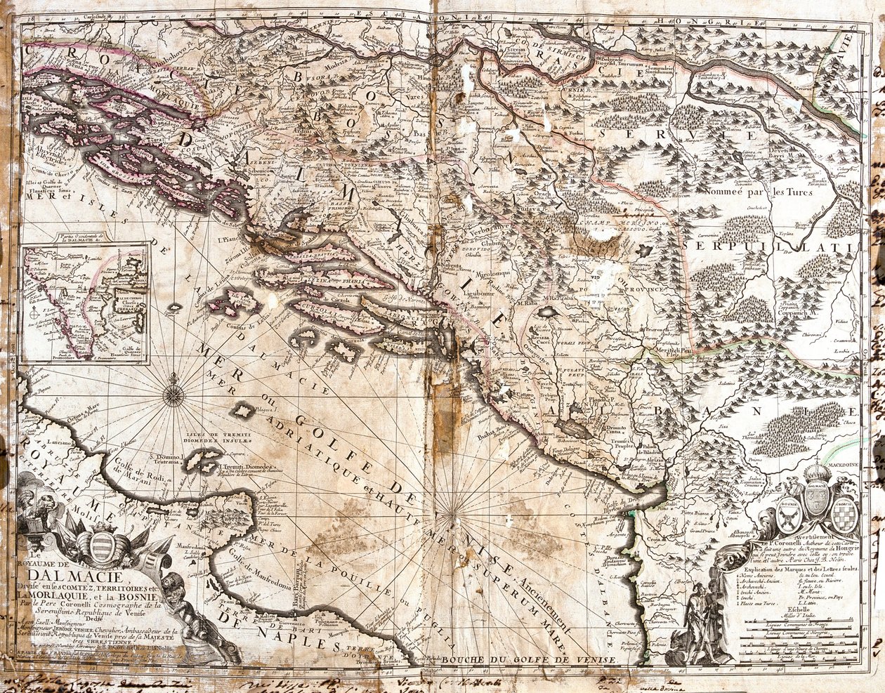 Karta över kungariket Dalmatien (nuvarande Kroatien och Montenegro), vid kusten av Venedigbukten (Adriatiska havet) (gravyr av Jean Baptiste Nolin