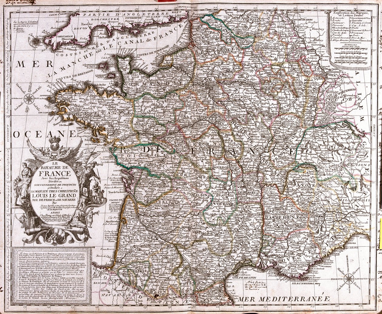 Karta över kungariket Frankrike (gravyr av Jean Baptiste Nolin