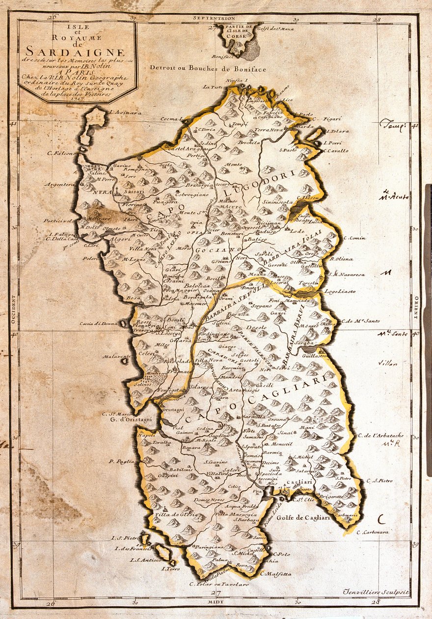 Karta över kungariket Sardinien (Italien) (gravyr av Jean Baptiste Nolin