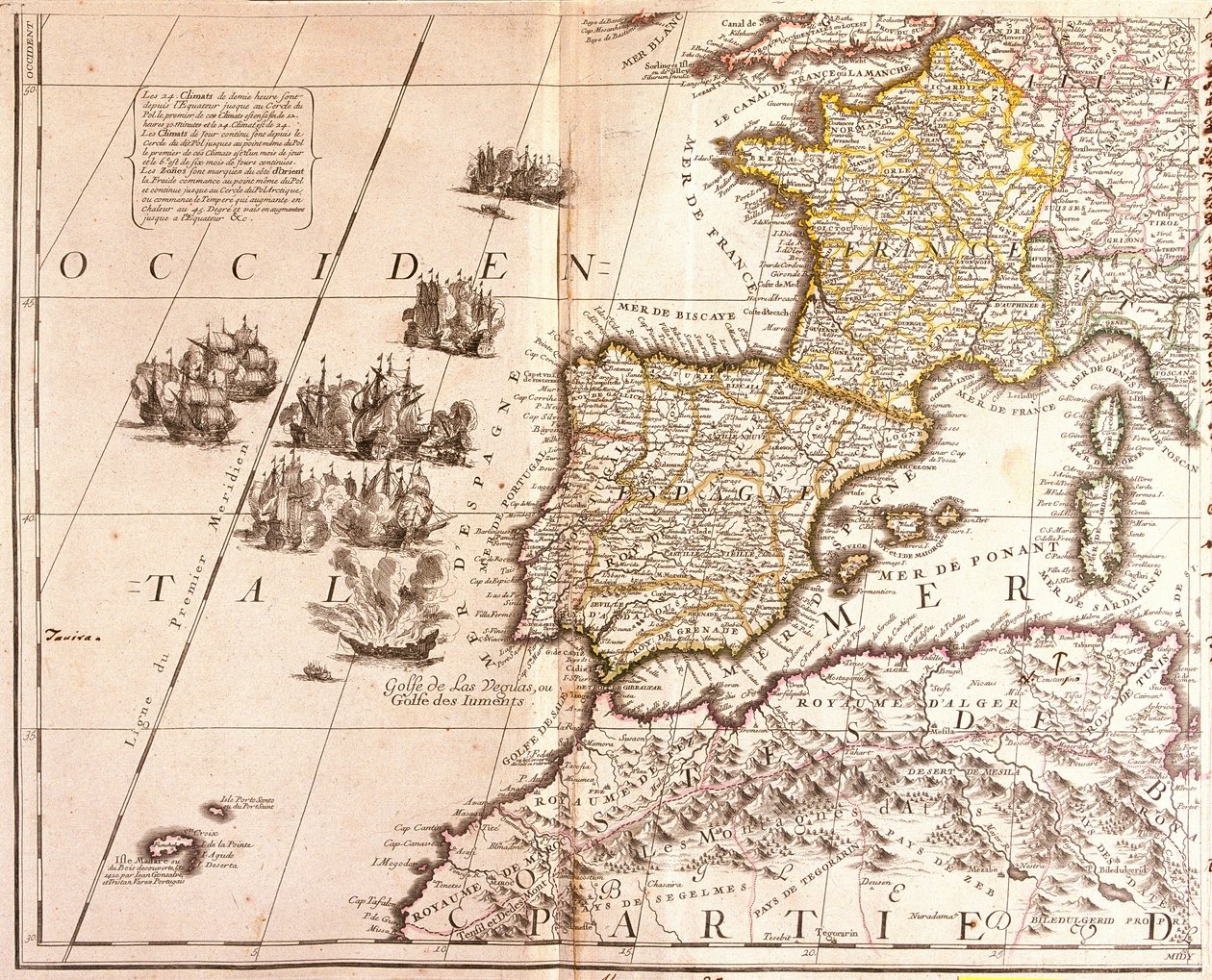 Karta över de västra Medelhavsländerna: Frankrike, Spanien, Portugal och Nordafrika (Marocko, Algeriet, Tunisien), med Balearerna, Korsika och Sardinien (etsning). av Jean Baptiste Nolin