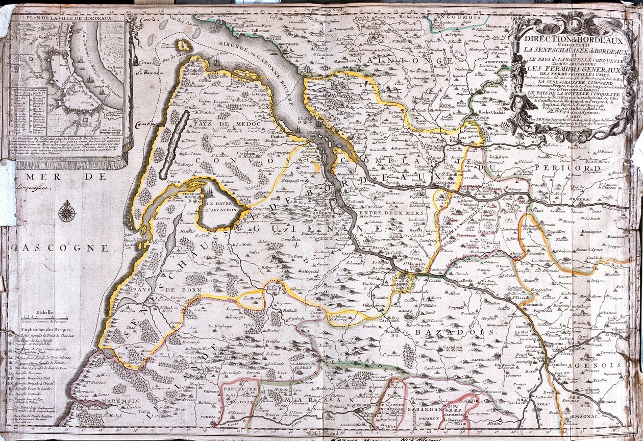 Karta över området runt Bordeaux (Frankrike) (Gravering av Jean Baptiste Nolin