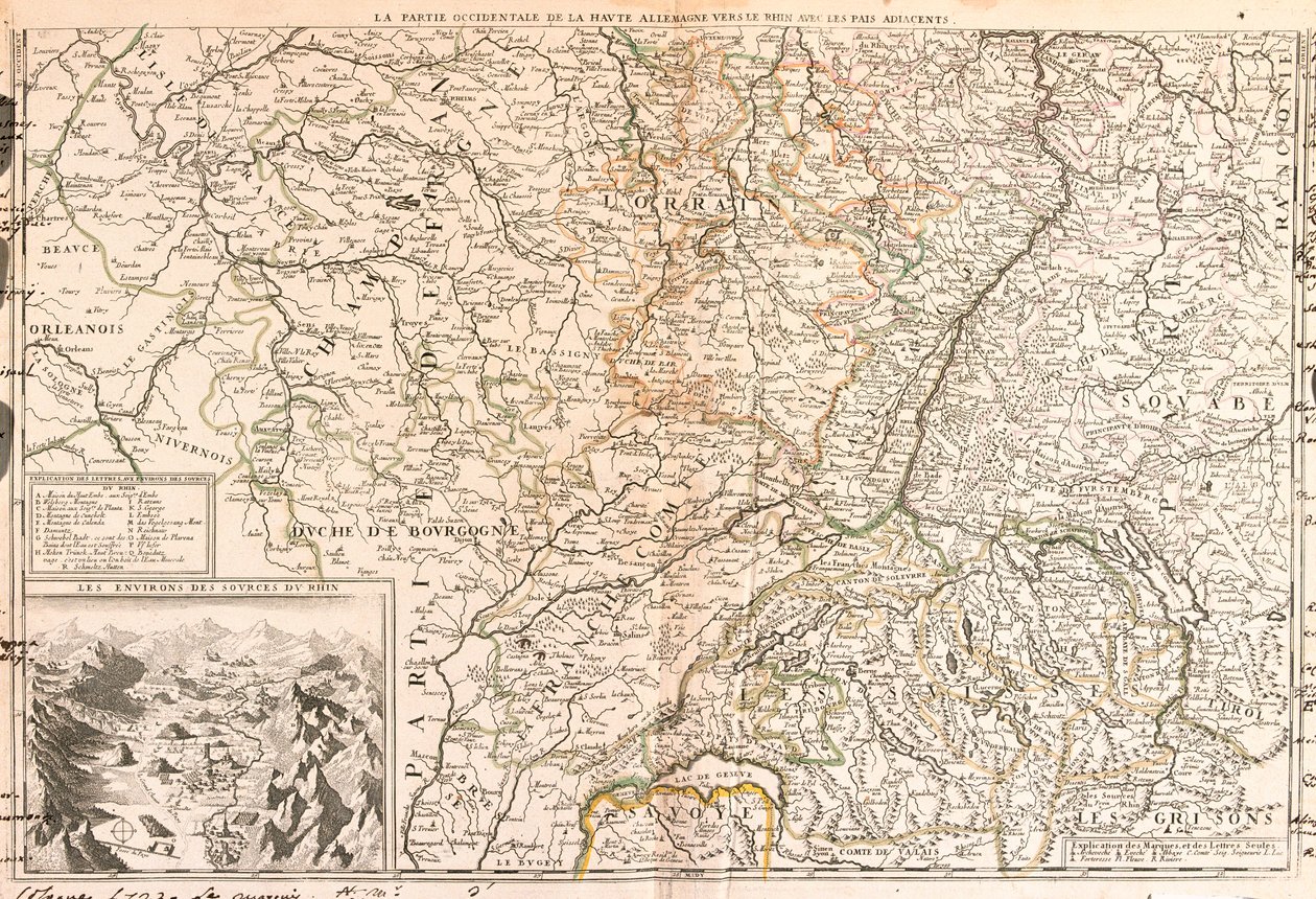 Karta över området runt Rhen (Tyskland, Schweiz, Frankrike) (Gravering av Jean Baptiste Nolin