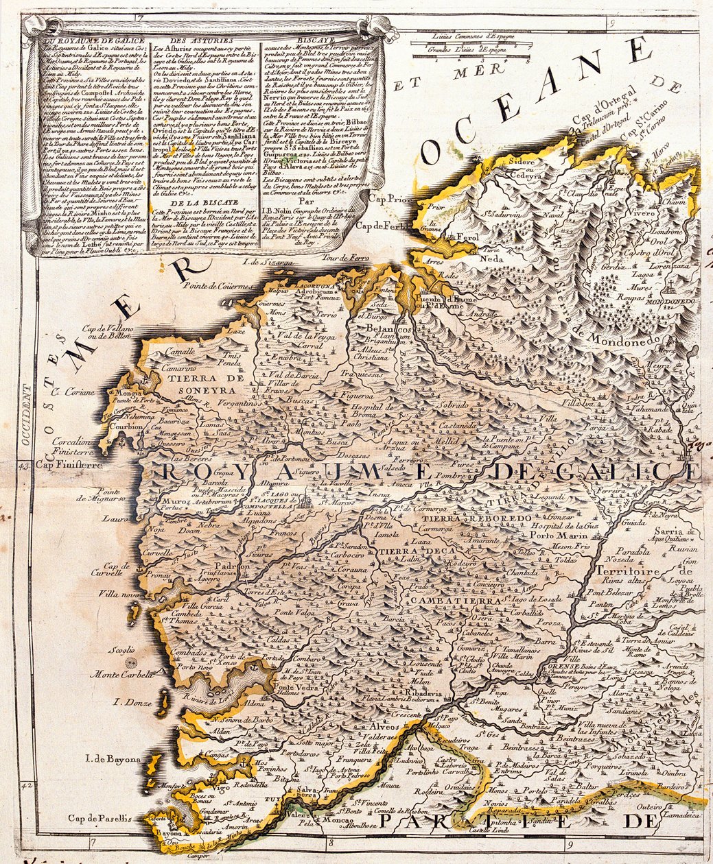 Karta över kungariket Galicien (Spanien) (gravyr av Jean Baptiste Nolin