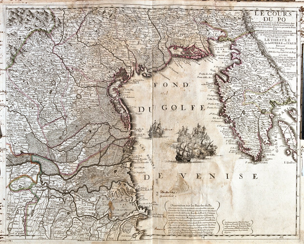 Karta över mynningen av Po i Italien (gravyr av Jean Baptiste Nolin