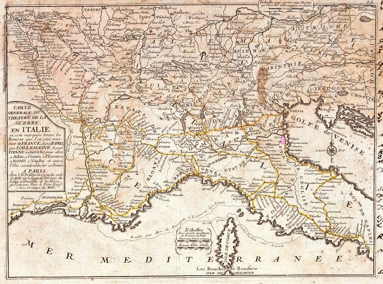 Karta över vägarna som leder till de största italienska städerna från hela Europa (gravyr av Jean Baptiste Nolin