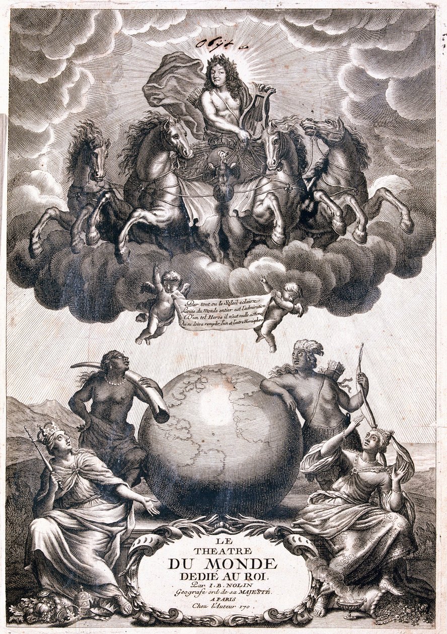 Porträtt av Ludvig XIV, flygande över en jordglob, titelsida (Grass av Jean Baptiste Nolin