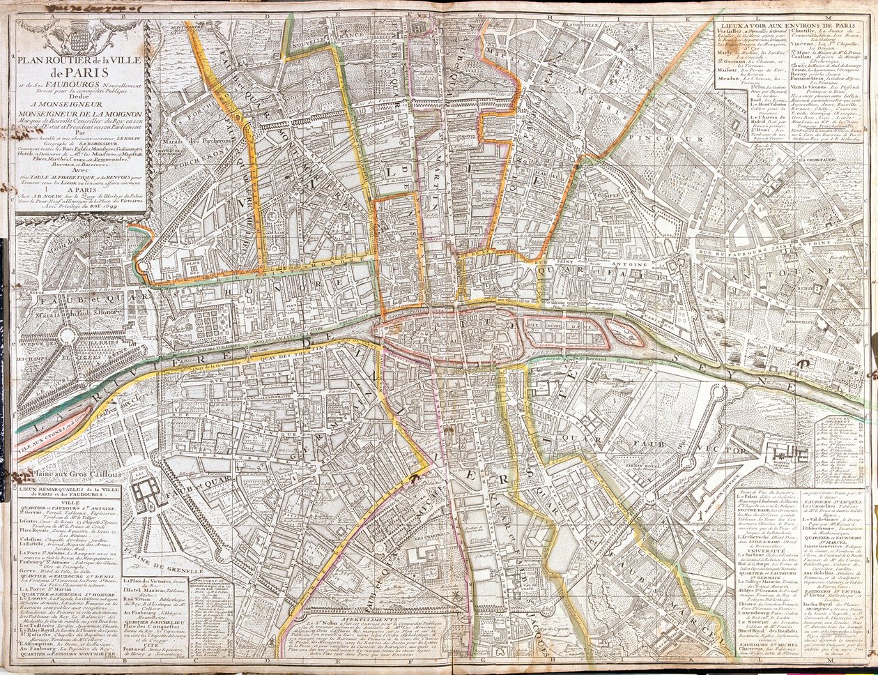 Ruttkarta över Paris och dess förorter av Jean Baptiste Nolin