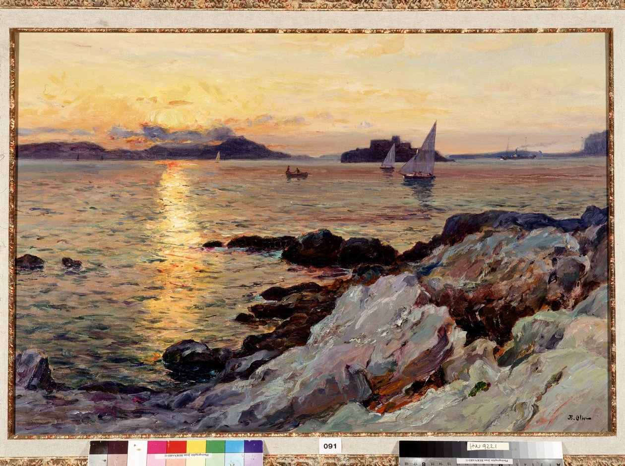 Solnedgång på Frioul Målning av Jean Baptiste Olive (1848-1936) 1900-talet Dim. 50x73 cm Obligatoriskt omnämnande: Samlingsstiftelsen hälsningar från Provence, Marseille av Jean Baptiste Olive