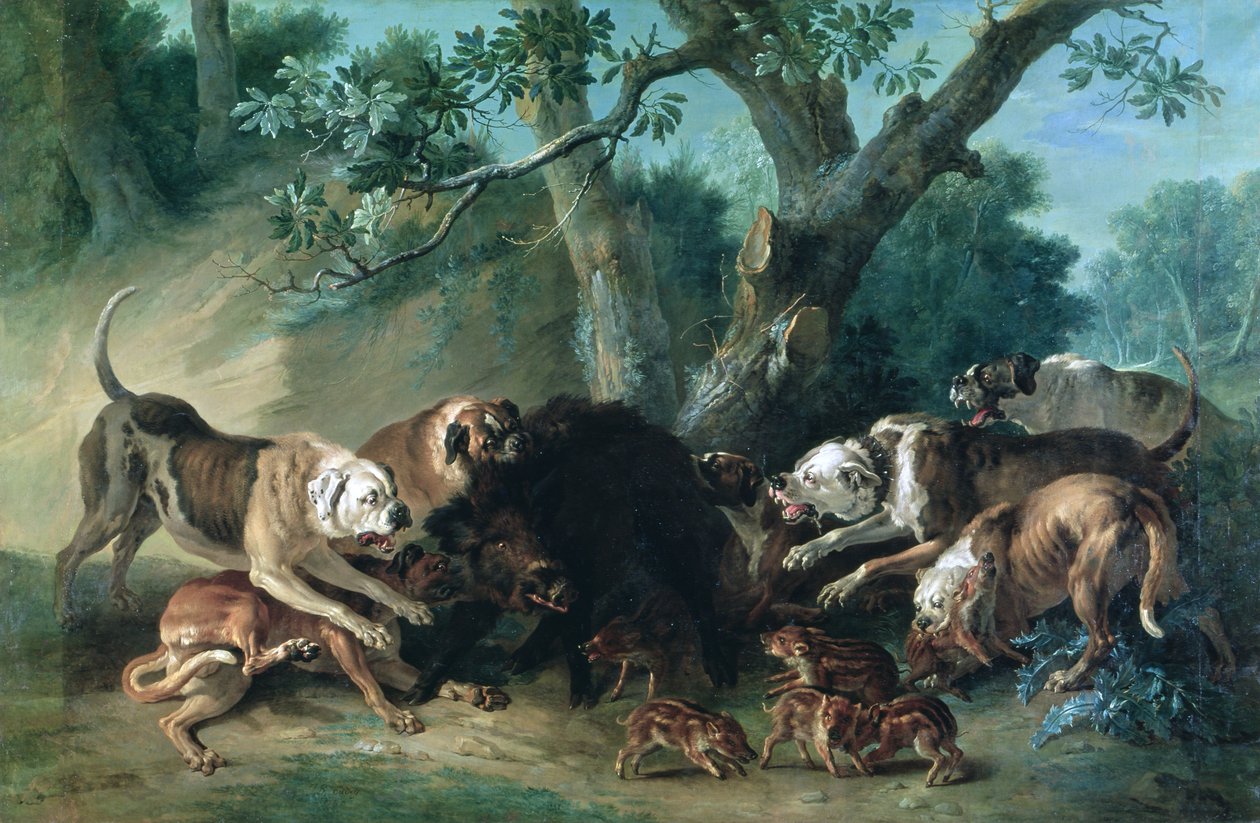 En vild sugga och hennes unga attackerade av hundar av Jean Baptiste Oudry