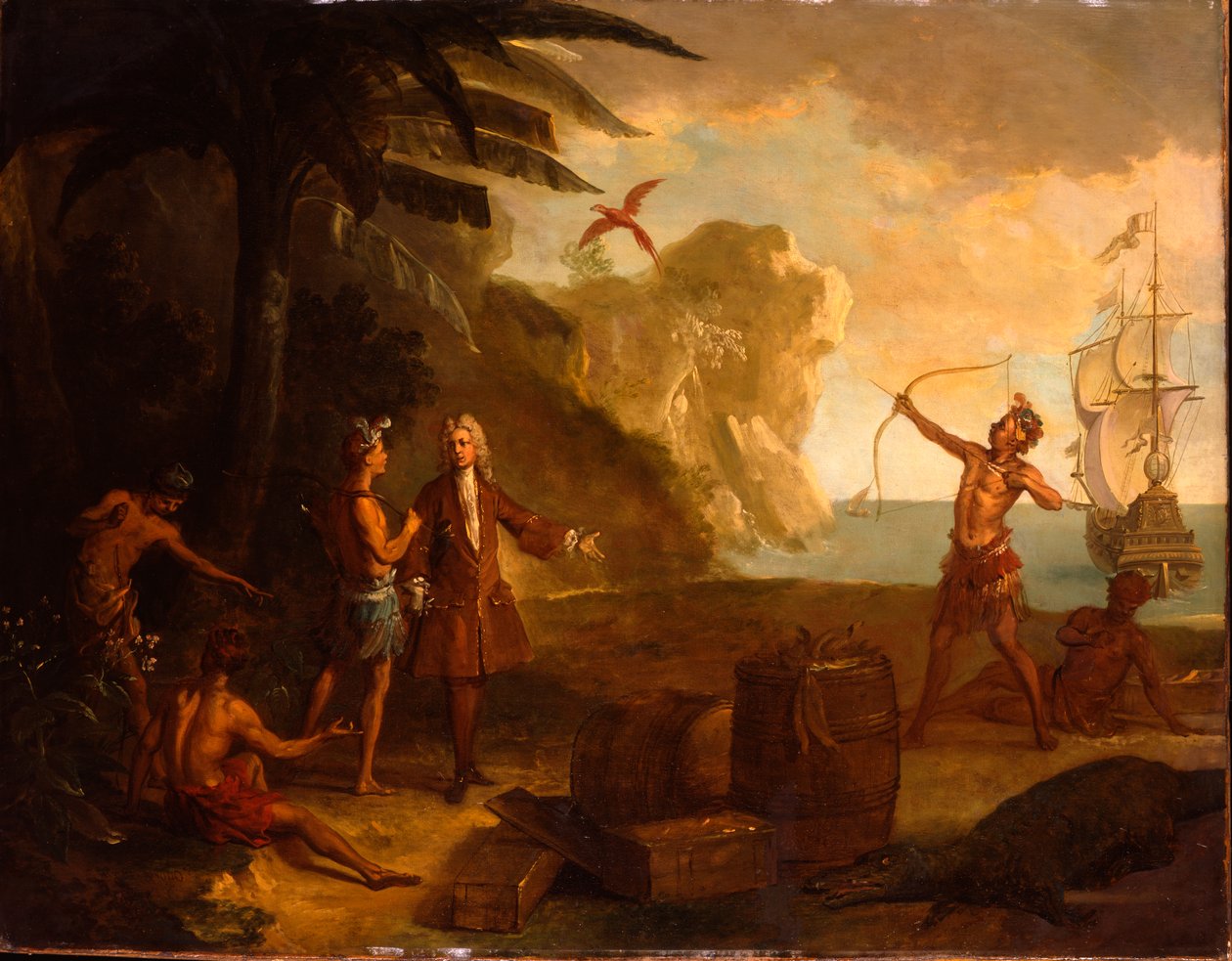 Amerika - En europeisk köpman som förhandlar med indianer om en tunna tobak och andra varor, 1724 av Jean Baptiste Oudry