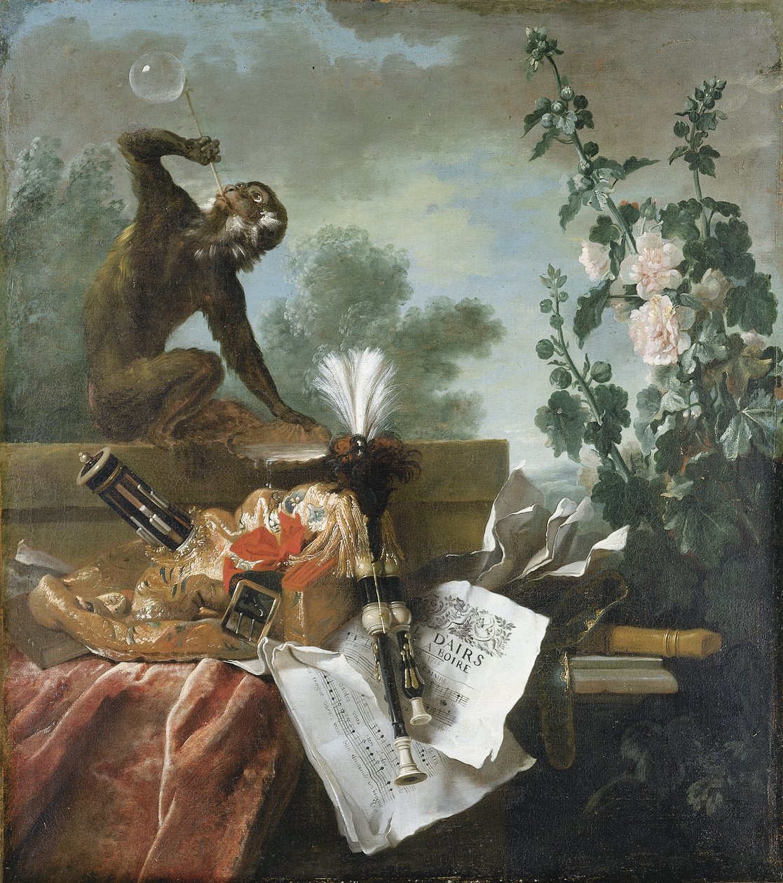 An Allegory of Air: ett musikaliskt stilleben med en apa som blåser bubblor, en musett, en flöjt och partitur av Jean Baptiste Oudry